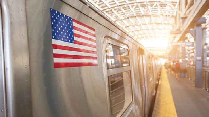 United States Flag on a Subway Train