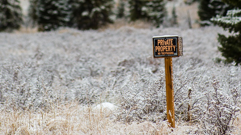 Private property sign in the snow