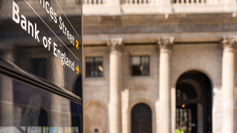 Close-up on a sign for the Bank of England