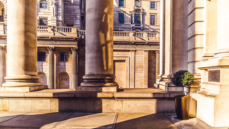 Colonnade of the Royal Exchange Building in the City of London