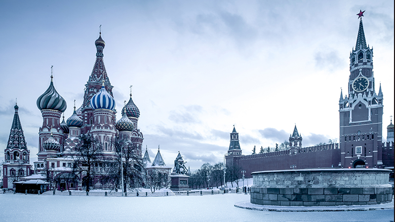Russia out in the cold. A snowy Saint Basil's Cathedral on Red Square in Moscow