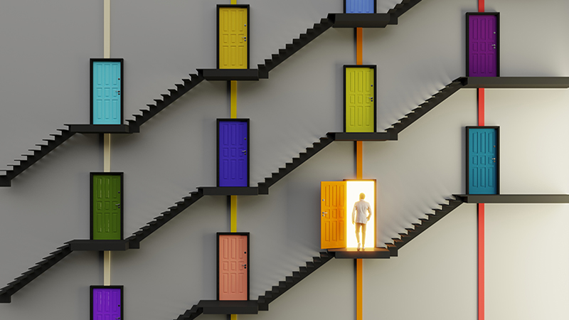 An abstract staircase and multi-coloured doors, individual one is open and a man going in, symbolizing choice concept