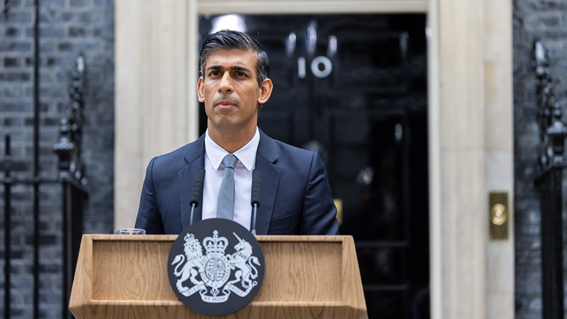 UK prime minister Rishi Sunak stands outside number 10 Downing Street