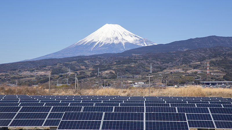 Mt. Fuji and solar panel in Japan