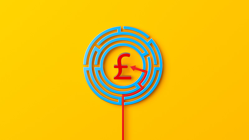 Finance concept Red-colored pound sign blue-colored circle-shaped maze and red-colored arrow on yellow-colored