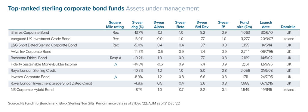 top ranked sterling corporate bond funds assets under management Feb 2023