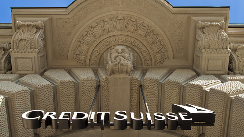 Main entrance of the Swiss bank's Credit Suisse headquarter on Zurich Paradeplatz."