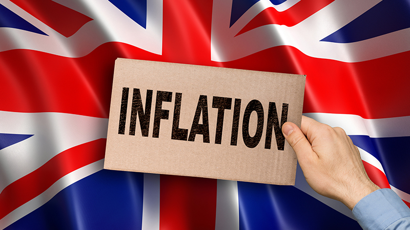 Hand holding a cardboard on top of the English flag showing the word inflation.