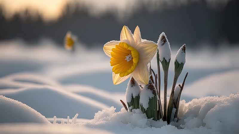 illustration of blossom yellow daffodil covered with snow, snow fall,