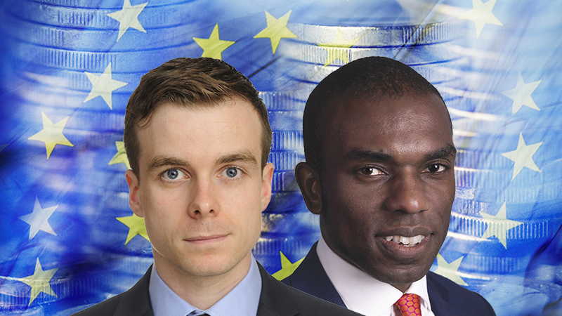Fidelity International's Ian Samson and Mirabaud AM's Hywel Franklin against a flag of the EU and euros