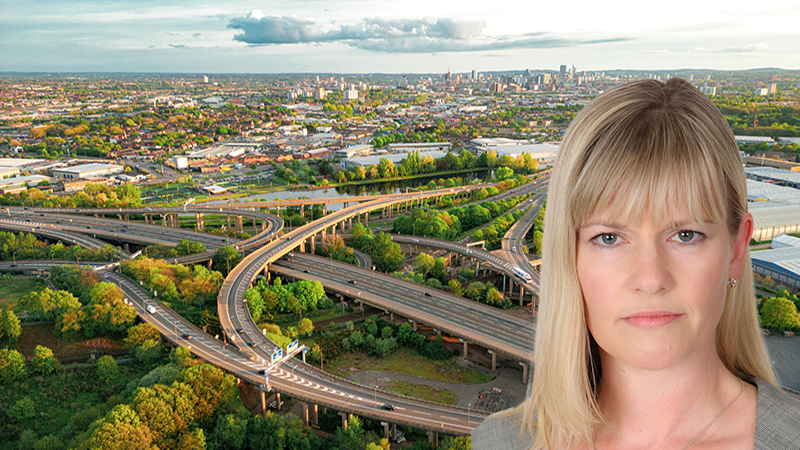 Juliet Schooling Latter of FundCalibre in front of an image of M6 spaghetti junction