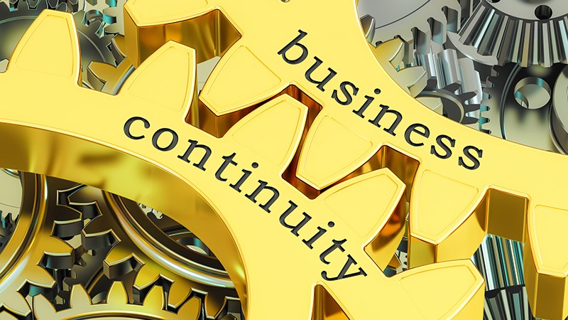business continuity concept on the gearwheels, 3D rendering