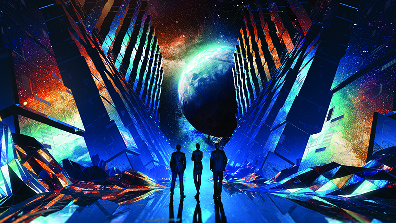 Futuristic 3D render a businessmen standing in the center of a glossy tunnel in an outer space against nebula and unknown planet. 80s retro style. Video Loop
