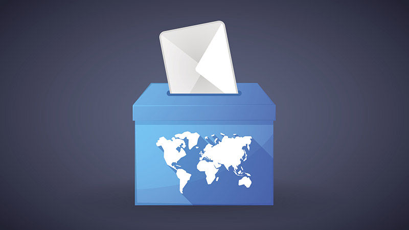 Illustration of a blue ballot box with a world map