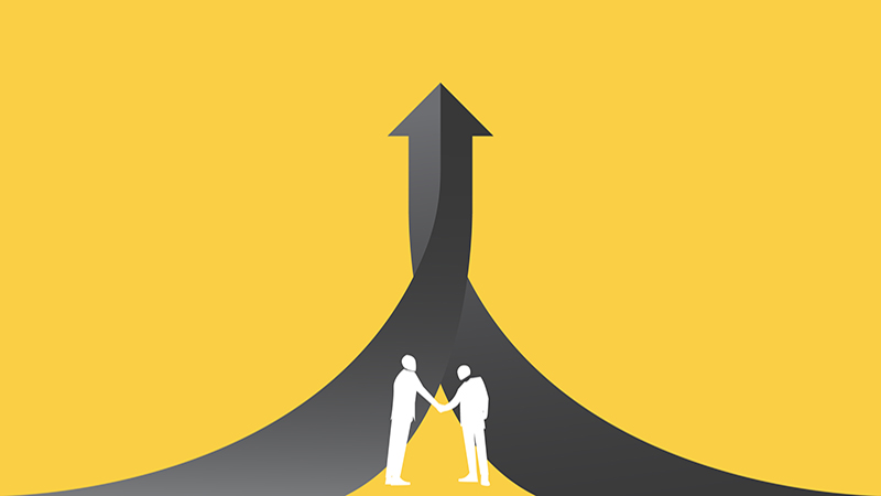 Business negotiation, deal making or acquisition, merger vector concept. Two men shaking hands. Minimal design. Eps10 illustration.