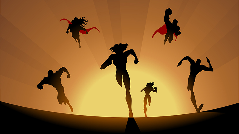 A silhouette style vector illustration of a team of superheroes running forward to the camera.