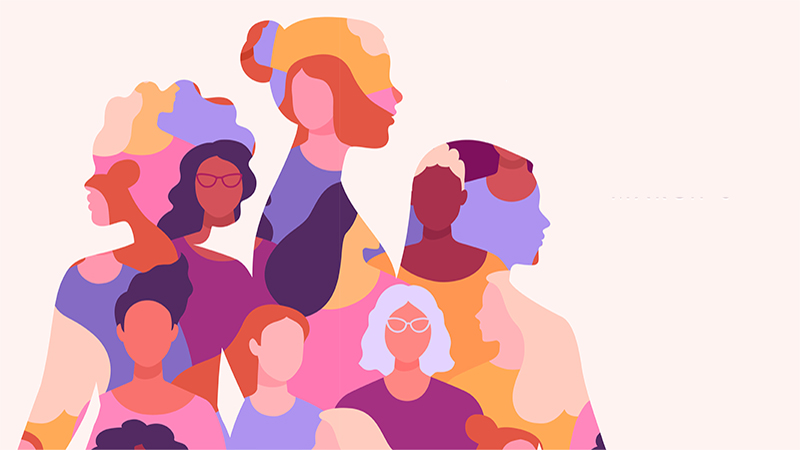 Vector flat modern illustration of three female silhouettes of different nationalities, consisting of a pattern of abstract diverse female portraits