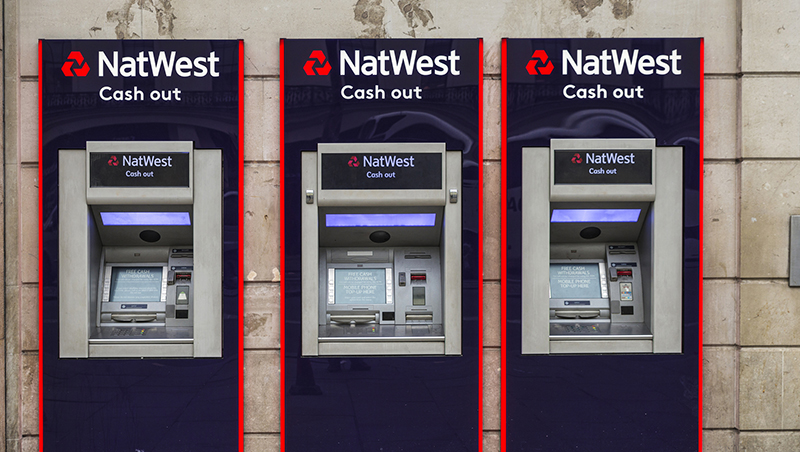 London, United Kingdom - January 1, 2017: Bank branch and three ATM of Natwest Bank in London, England, United Kingdom