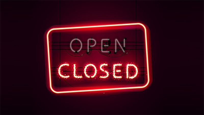 Glowing neon Closed sign with magic sparkles on dark red background and turned off Open sign. Used vector brushes are included. There are fastening elements and letters in a symbol palette.