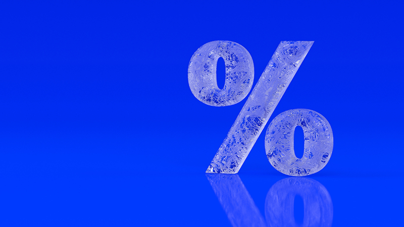 Glossy glass ice percent sign isolated on blue background. Seasonal sales background with percent discount pattern. Business, discount, sale, shopping, promotion, price, concept. 3d render