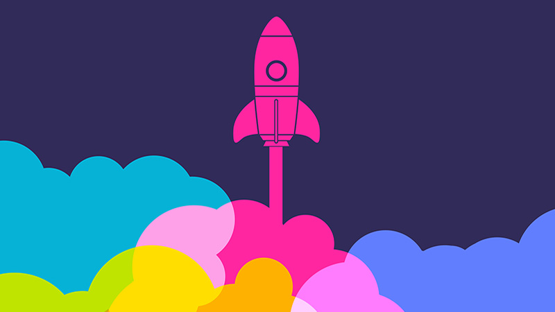 Colourful rocket launch representing fund launch and business start up
