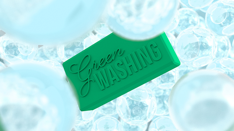 D rendered soap with typography and water bubbles. Illustration of green washing company or environmental problems. Visualization for questionable companies or lobbying.