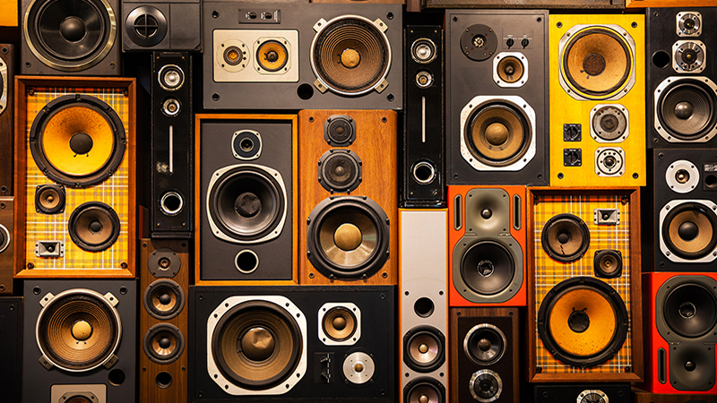 Wall of retro vintage style Music sound speakers