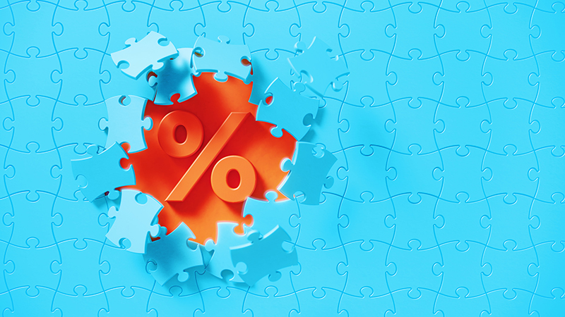 Blue jigsaw puzzle pieces revealing a percentage sign on orange background. Horizontal composition with copy space. Solution concept.