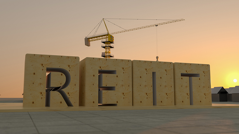 Concept image of Business Acronym REIT as Real Estate Investment Trust. Many houses and construction cranes. 3d illustration