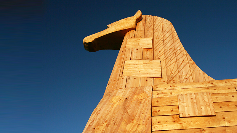 Trojan Horse made of wood in front of blue sky