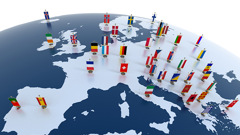 european countries 3d illustration - european continent marked with flags