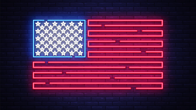 USA flag neon sign. Night bright Signboard USA flag. USA flag vector, neon symbol, light icon. Vector illustration.