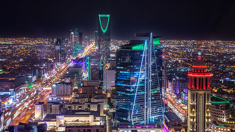 Night panorama of business district of Riyadh city, Al Riyadh, Saudi Arabia