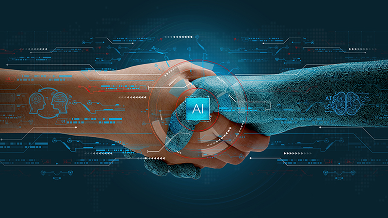 Humans shake hands with AI to show partnership. Machine learning to enable and work together to achieve greater innovation and success.
