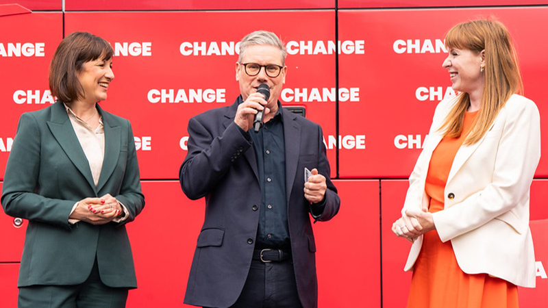 Keir Starmer, leader of the Labour Party, Angela Rayner, deputy leader of the Labour Party, and Rachel Reeves, Shadow Chancellor, launch Labour’s campaign bus at Uxbridge College whilst on the General Election campaign trail.