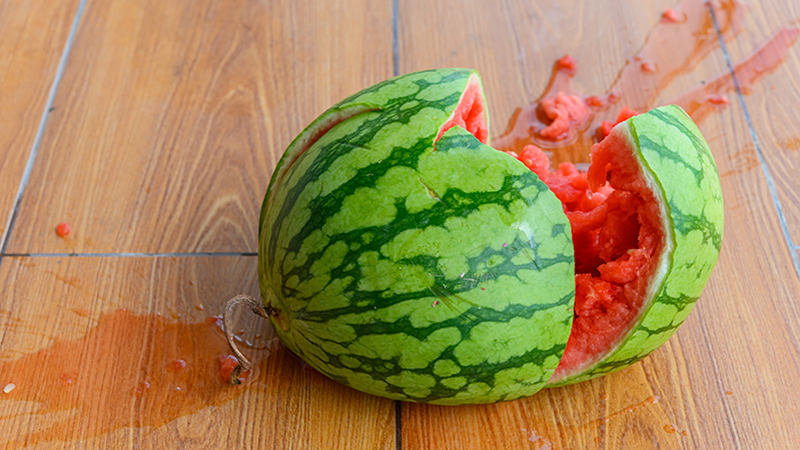 side view smashed watermelon on the ground