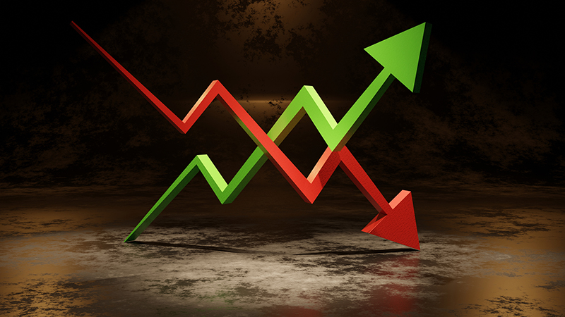 green arrow up and red arrow down market , 3D illustration rendering