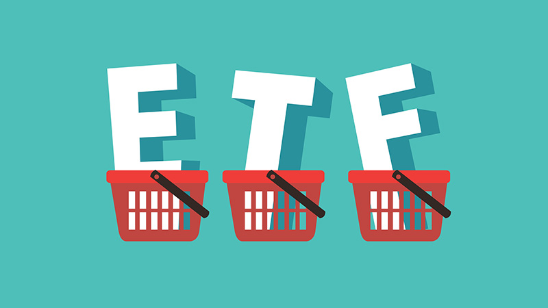 ETFs Exchange Traded Funds words put into baskets. Concept of of ETFs and stock market. Isolated vector illustration.