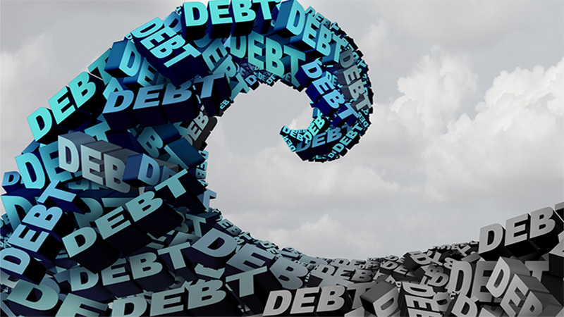 Managing debt challenge and economic deficit trouble as a financial stress concept with a man and woman riding a huge wave made of text as a finance and budget management metaphor with 3D illustration elements.