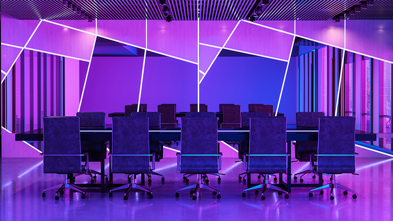 Empty Board Room Interior With Table, Office Chairs And Neon Lighting