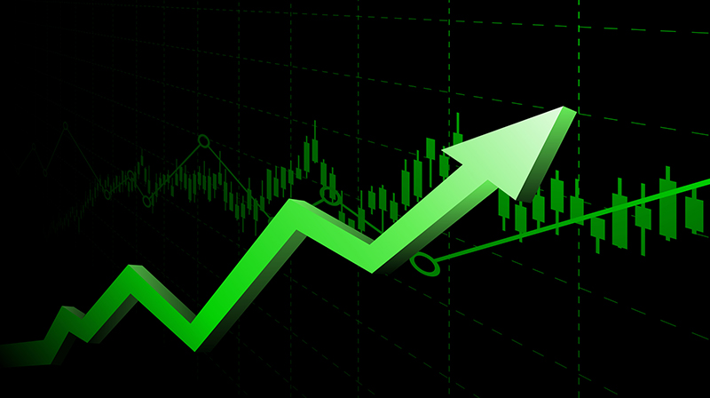 Abstract financial graph with uptrend line and arrows in stock market on green colour background