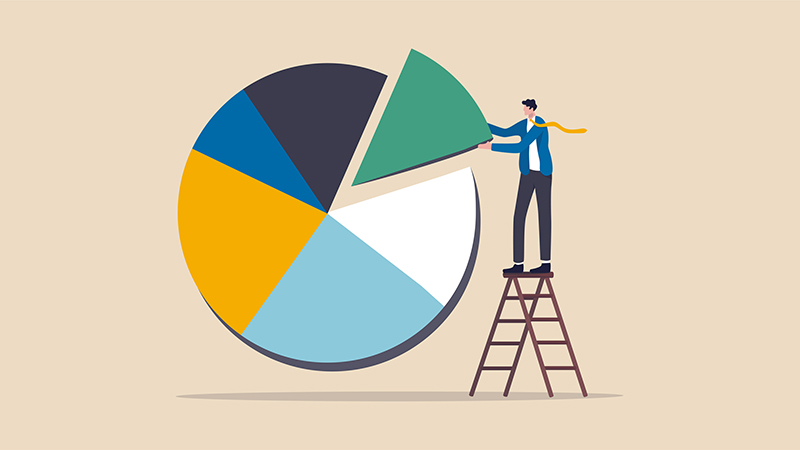 Investment asset allocation and rebalance concept, businessman investor or financial planner standing on ladder to arrange pie chart as rebalancing investment portfolio to suitable for risk and return