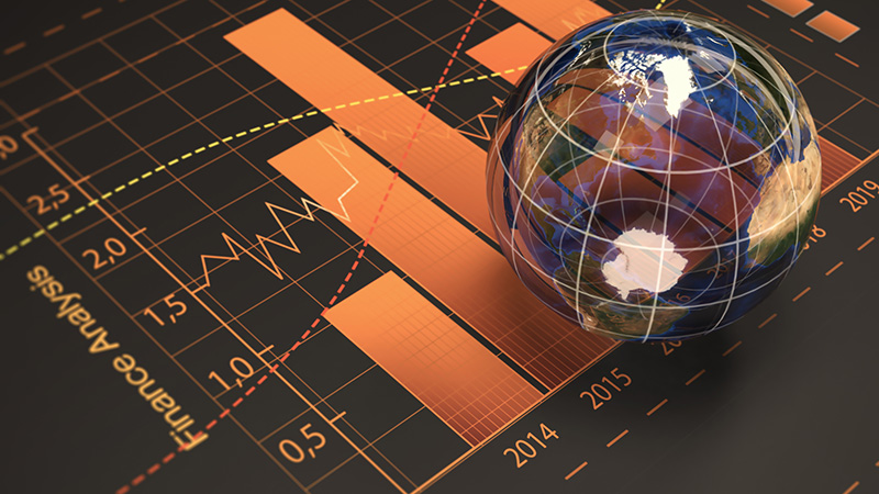 Global finance concept. Transparent globe sphere on the graph chart. Global finance, and the global economy concept for the finance and business industry.