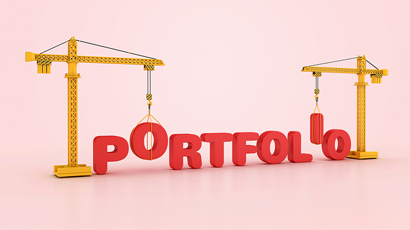 PORTFOLIO Word with Tower Crane - Color Background - 3D Rendering