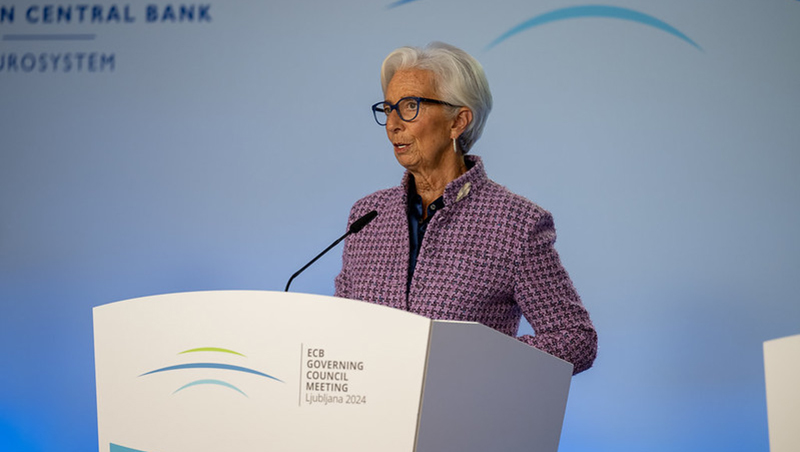 ECB president Christine Lagarde giving the monetary policy statement during the external ECB Governing Council Press Conference in Brdo, Slovenia, 17. October, 2024.