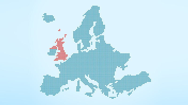 Map of Europe with the UK hightlighted in red