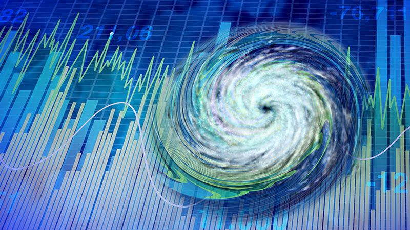 Turbulent market and financial turbulence or investing crisis security concept as a volatile stock market with price volatility as a storm disturbing the economy with 3D illustration elements.