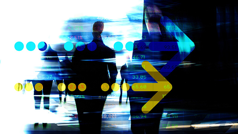 Arrows and Businessmen with trading screen data. Light reflections and blurred movement. Digitally generated image.