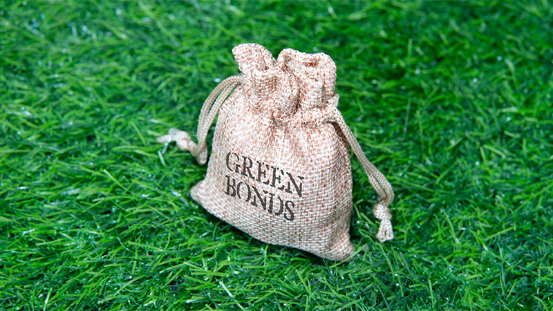 Closeup image of jute bag with the words green bonds on top of a green grass field. Eco-friendly investment, climate bond concept.