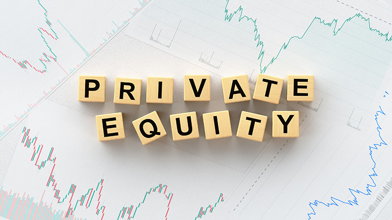 Wooden blocks spelling Private Equity. Concept representing finance, investment strategy, venture capital, buyouts, and business funding. 3D render